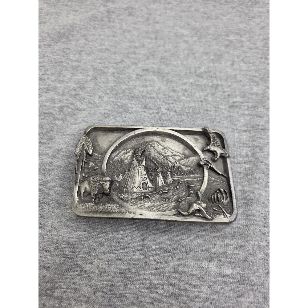Vintage Siskiyou Native American Teepee Plains Pewter Belt Buckle